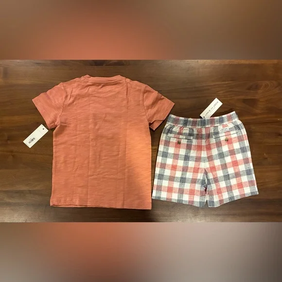 NWT- Janie and Jack Coral Pocket Tee with Plaid Shorts Set - Picture 3 of 4